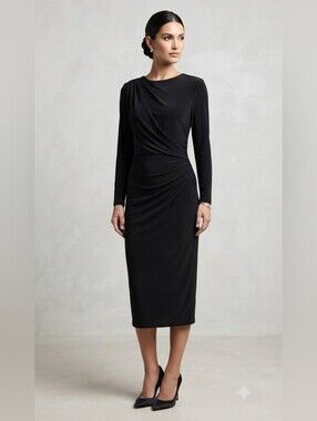 Alexia Admor Black Ruched Long Sleeve Midi Cocktail Dress